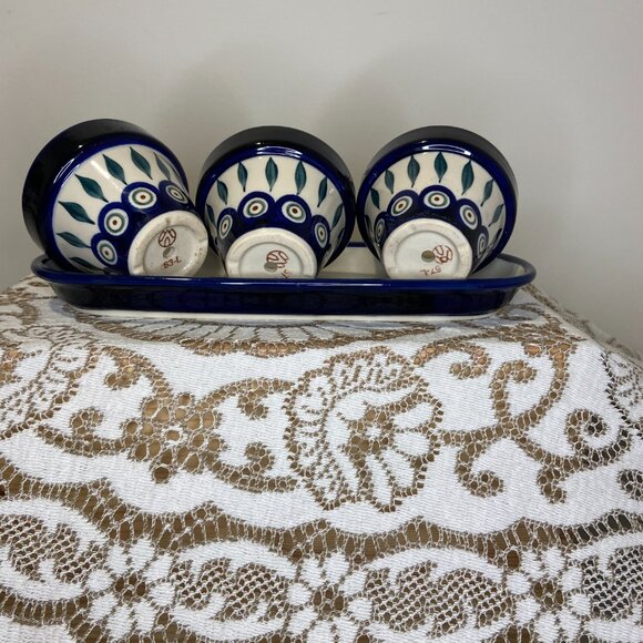 Polish Pottery Boleslawiec  Set of 3 Planters with Tray - Picture 2 of 6